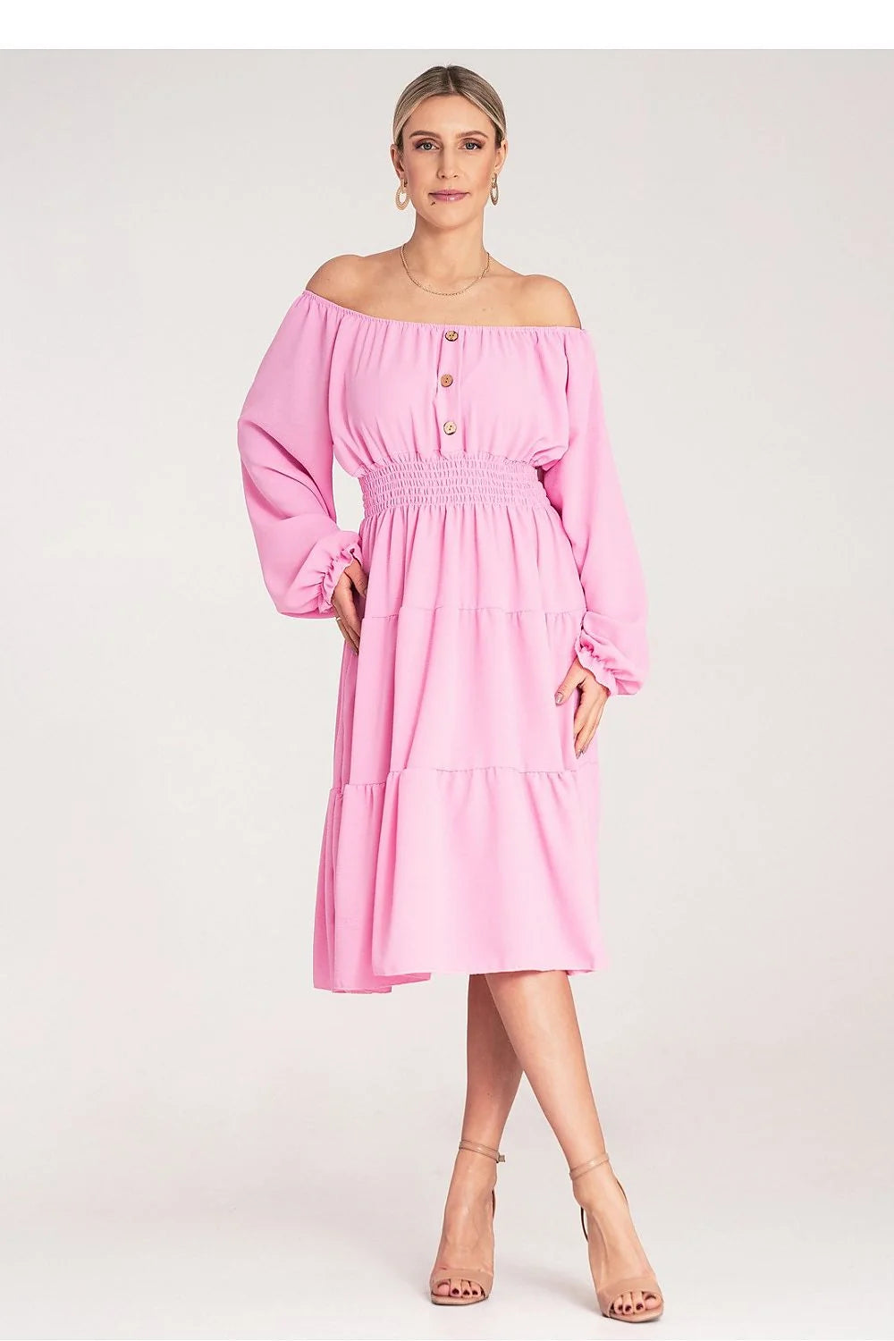 Robe de jour élégante off-shoulder manches longues en rose vif tissu fluide élasthanne polyester femme