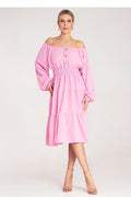 Robe de jour élégante off-shoulder manches longues en rose vif tissu fluide élasthanne polyester femme