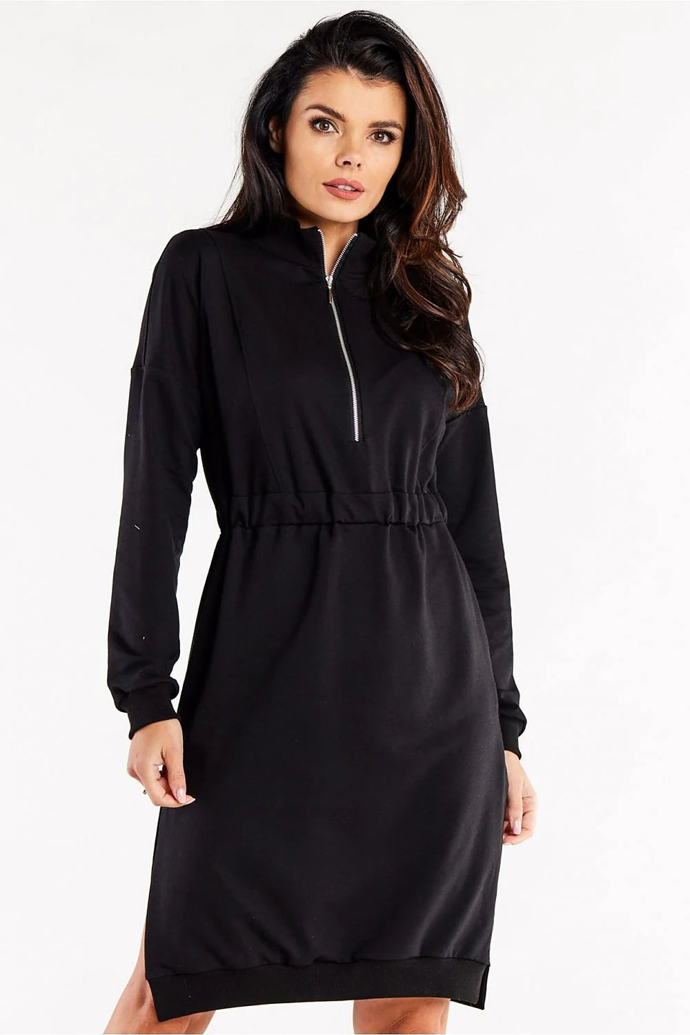 Robe de jour Infinite You moderne sportive manches longues fente latérale élastique taille ajustable couleur noire femme