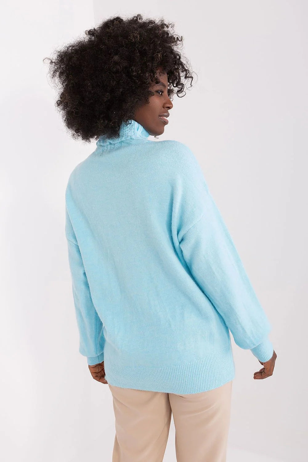 Pull_ovre femme à col roulé en acrylique bleu pastel style décontracté manches longues coupe ample
