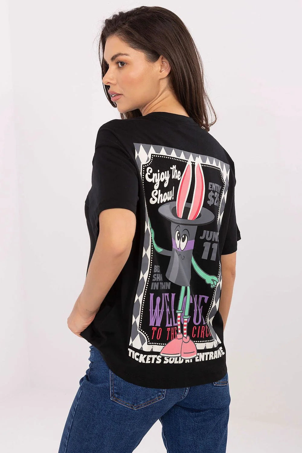 tshirt femme noir coton doux respirant manches courtes col rond coupe ample oversized imprimé poitrine motif chapeau lapin graphique ludique