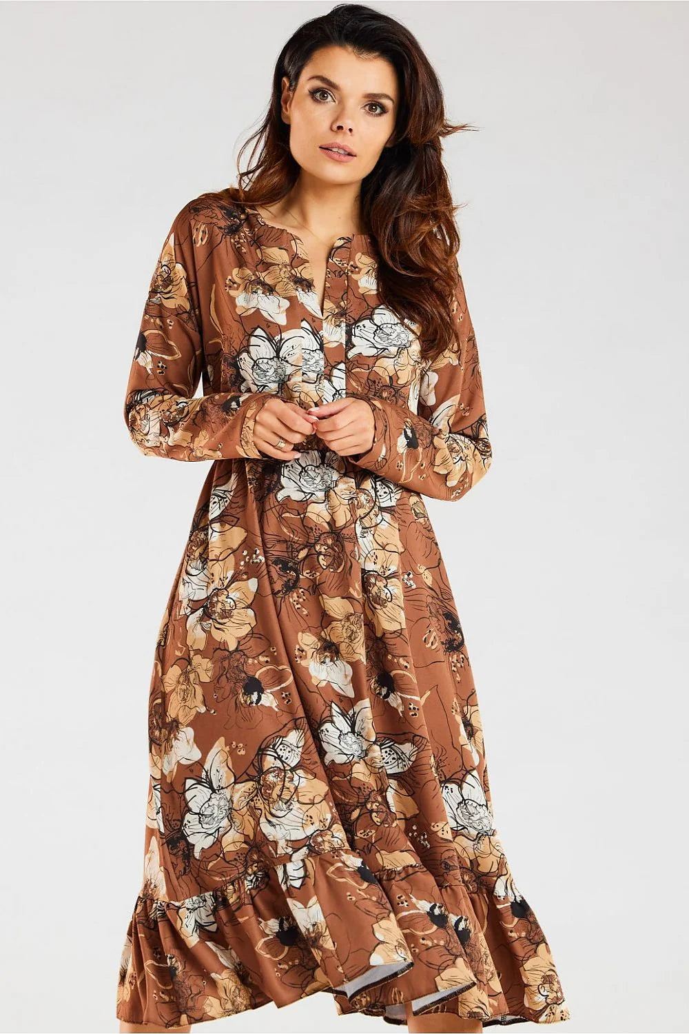 Robe awama femme style décontracté élégant floral automnal couleurs marron beige blanc noir manches longues taille élastiquée