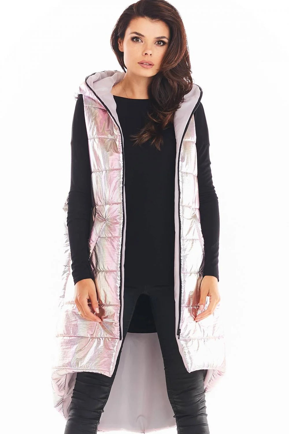 Gilet sans manches irisé synthétique moderne avec capuche pour femmes urbaines tendances en bleu menthe