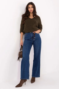 jean droit femme taille haute denim indigo coton polyester viscose elasthanne stretch confort douceur jambe droite silhouette affinée