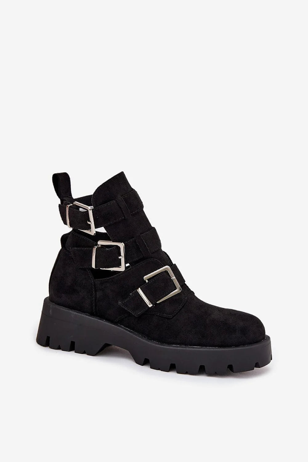 bottines femme chelsea biker daim noir bout rond semelle plateforme crantée caoutchouc brides sangles boucles argentées réglables confortables mode
