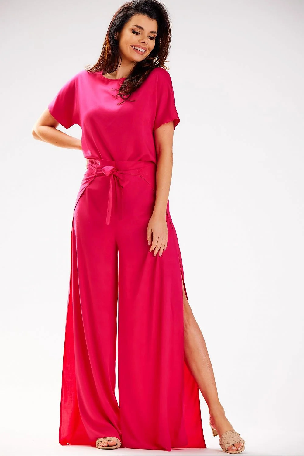 pantalon femme awama taille haute pinces viscose aérée conçue pologne élégante moderne fluide palazzo jambes larges ceinture nouée satinée respirante