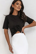 Chemisier IVON noir court en coton doux style féminin sensual plis fleur 3D accessoire mode femme