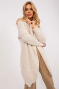 Cardigan Och Bella long ouvert devant style casual-chic coupe ample manches longues couleur crème beige tricot épais doux chaud essentiel garde-robe femme