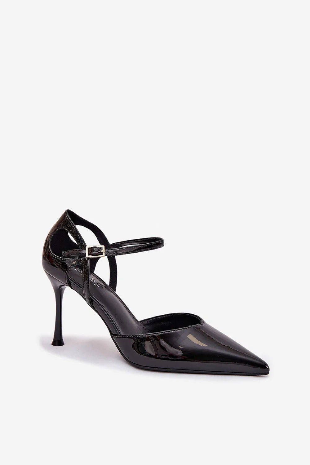 escarpins femme cuirartificiel verni noir brillant boutpointu bridecheville réglable boucle découpeslatérales talonstiletto haut semellefine silhouetteélancée soirée chic