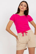 Ensemble Ex Moda pour femme, t-shirt court manches courtes, short taille haute élastique, coton élasthanne, style décontracté, couleur rose vif et beige, occasion été printemps automne