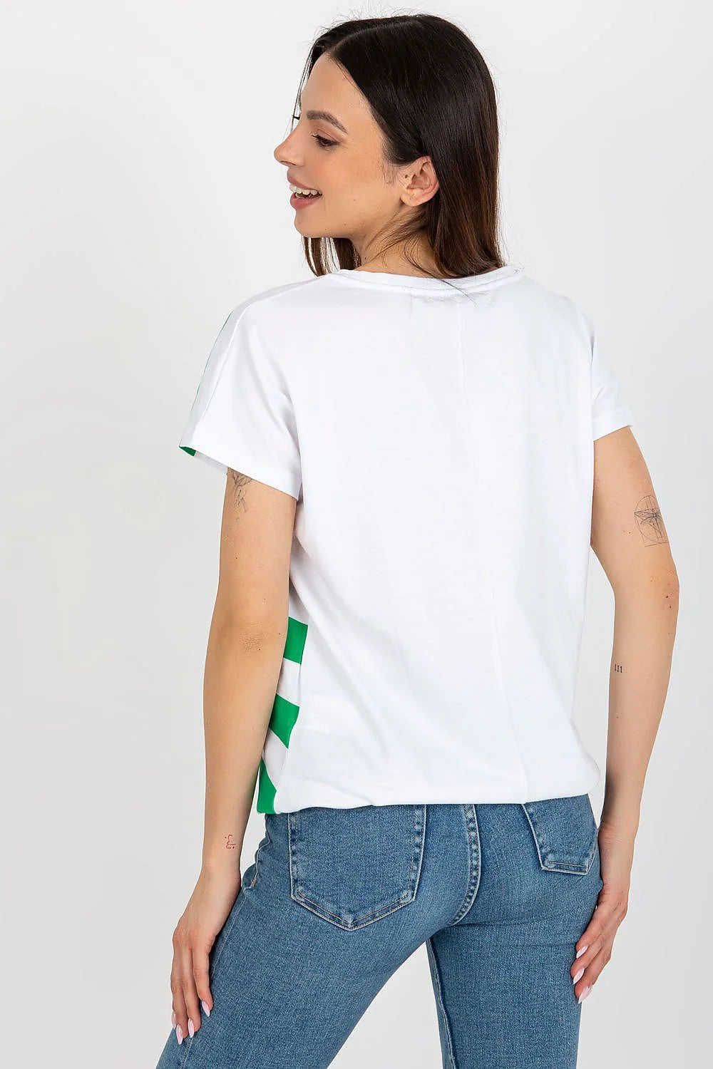 T-shirt femme rayures vertes et blanches fleur noire coton elasthanne porté seul ou en superposition