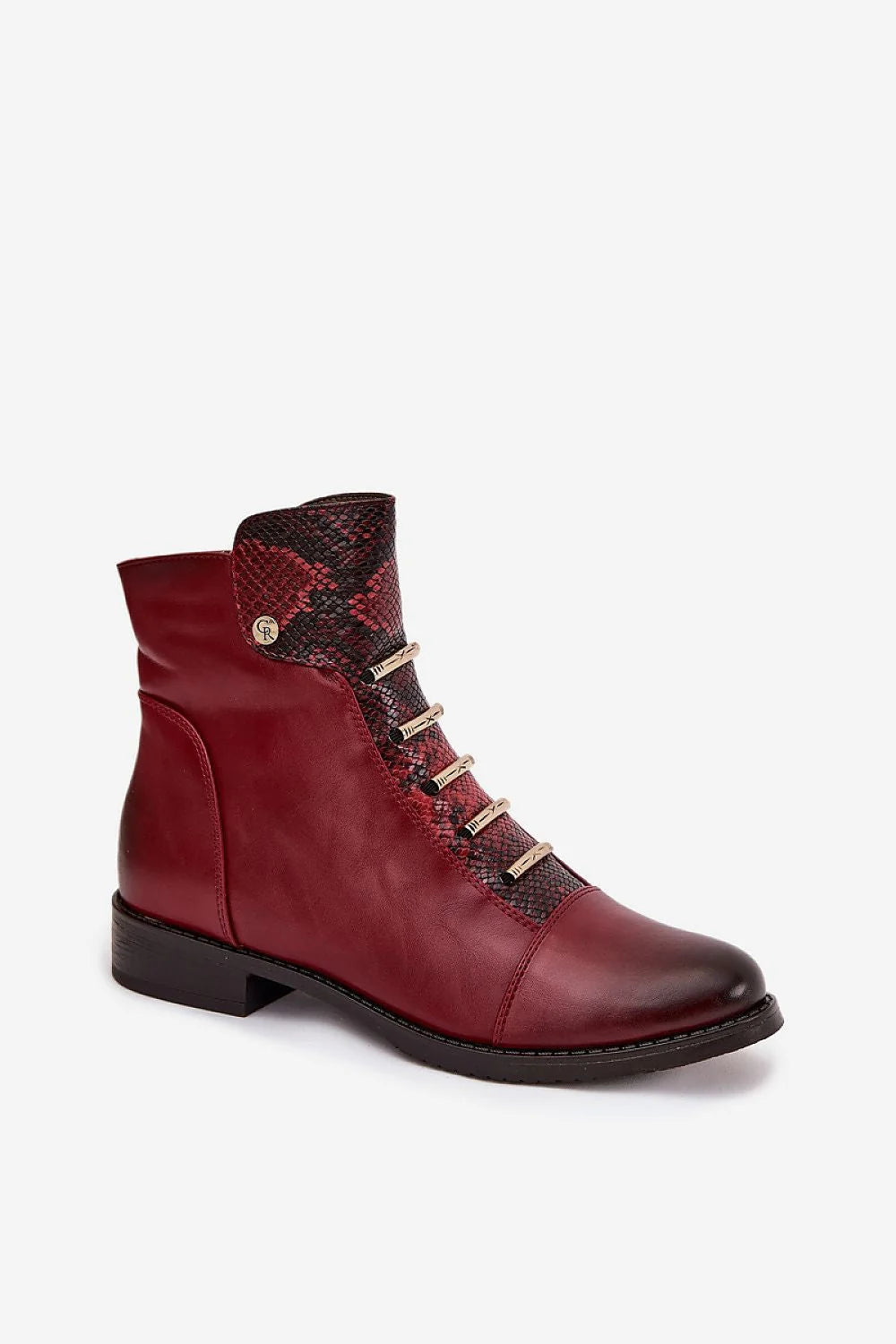 bottines femme bordeaux simili cuir doublure fourrure synthétique fermeture éclair talon bas carré bout rond semelle gomme python empiècements dorés