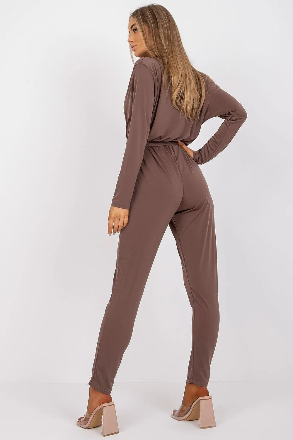 Combinaison Ex Moda moderne élégante manches longues en V ceinture tissu mélange polyester élasthanne couleur marron chocolat femme