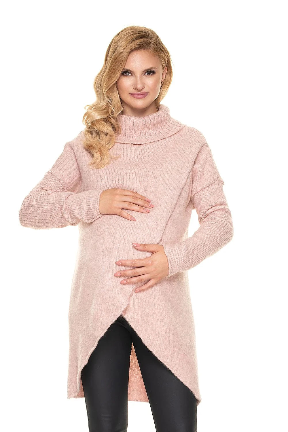 pull grossesse moderne confortable col roulé épais beige taupe oversize tunique mi cuisse asymétrique ouverture allaitement manches bouffantes
