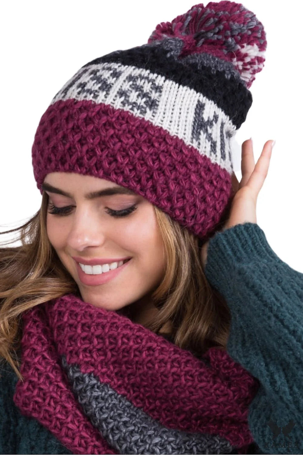 ensemble bonnet snood Kamea tricoté épais moelleux bordeaux gris jacquard nordique pompon bicolore côtelé chaud laineux mohair extensible