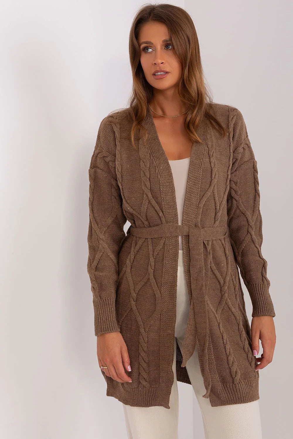 cardigan long ceinturé femme maille torsadée taupe cosy chic manches longues poignets côtelés ouverture sans boutons coupe relaxed