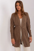 cardigan long ceinturé femme maille torsadée taupe cosy chic manches longues poignets côtelés ouverture sans boutons coupe relaxed