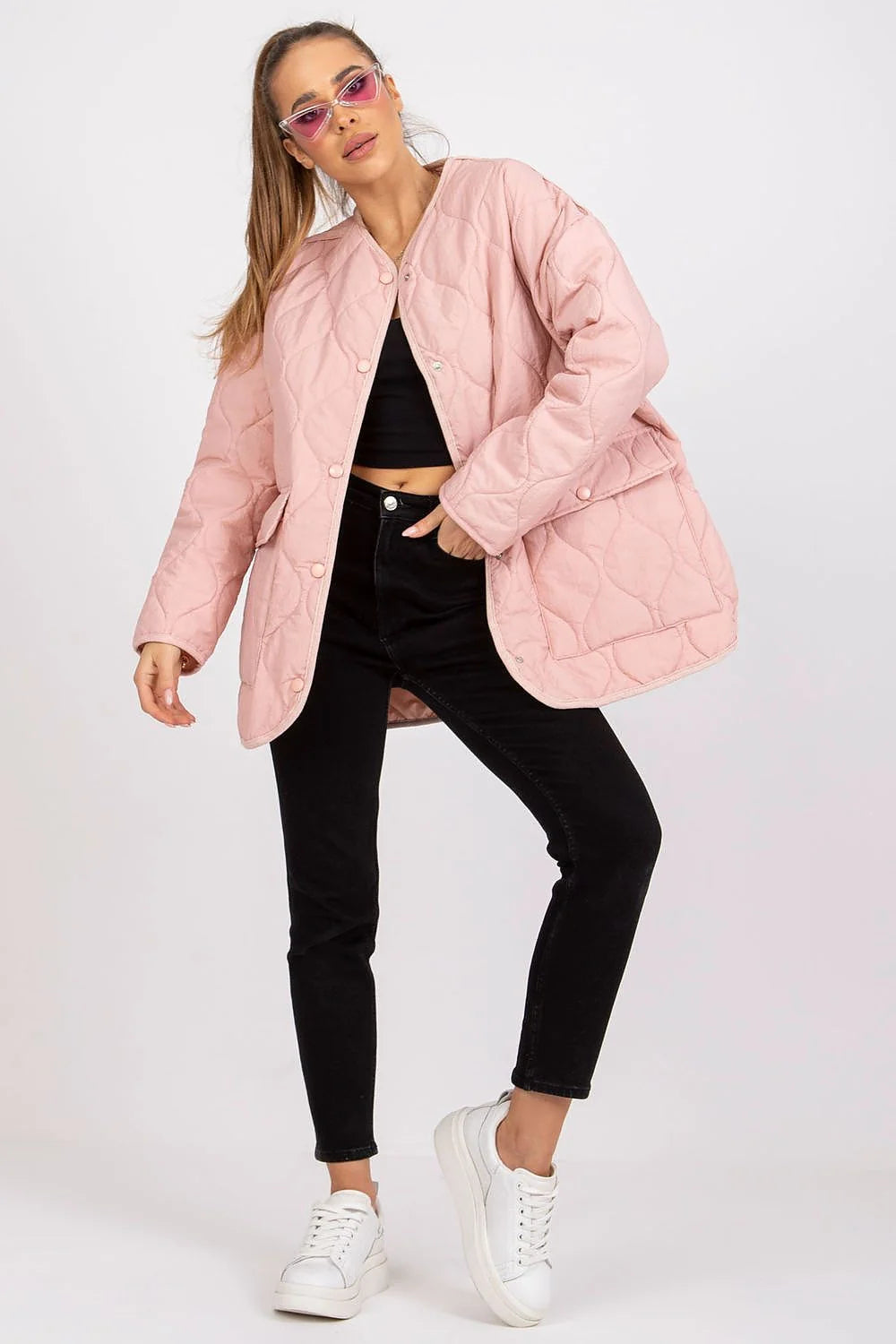 Veste matelassée pour femmes couleur rose pastel oversized manches longues fermeture à boutons-pression polyester 100 %