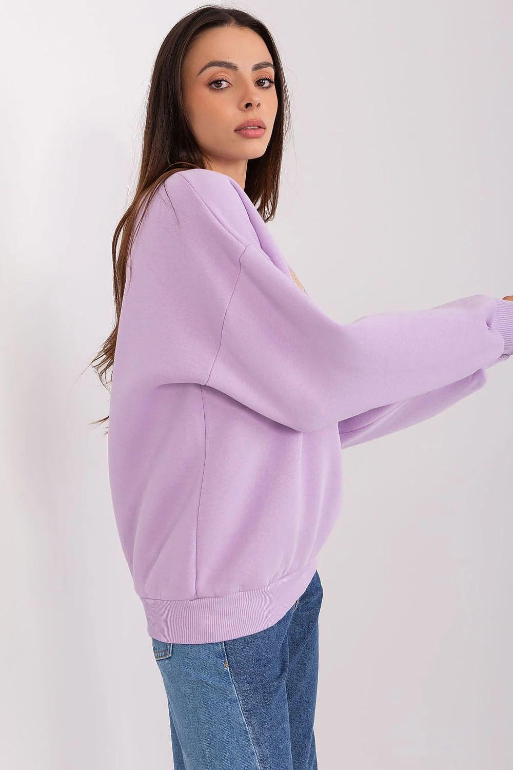 Sweatshirt pour femme style casual manches longues couleur violet pastel embroidery 'BABE' coton polyester