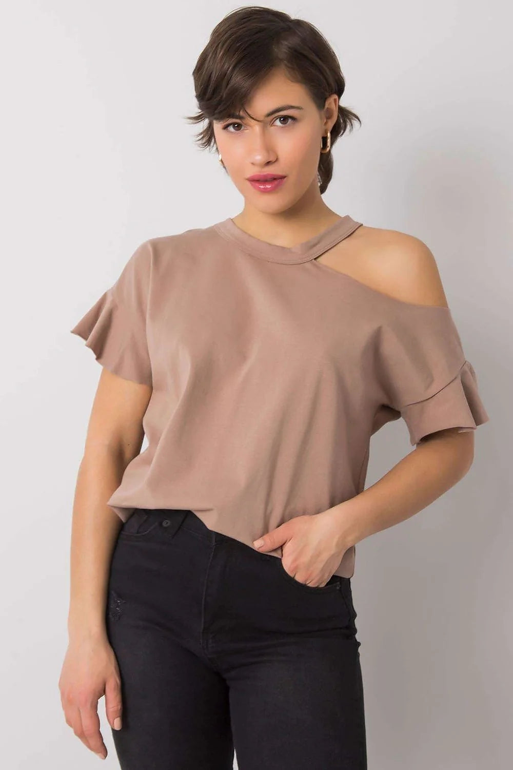 Blouse Fancy asymétrique pour femme, style cold shoulder, manches courtes, couleur rose vif, coton stretch, confortable, versatile, occasion多种