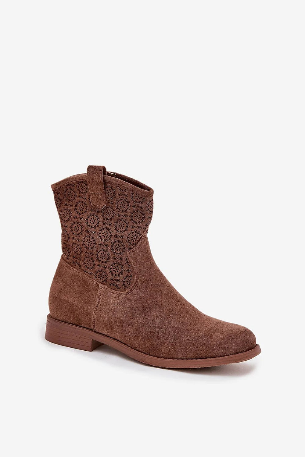 bottines femme suédine cognac bohème western perforées motif floral bout rond talon bas bloc fermeture éclair latérale confort quotidien