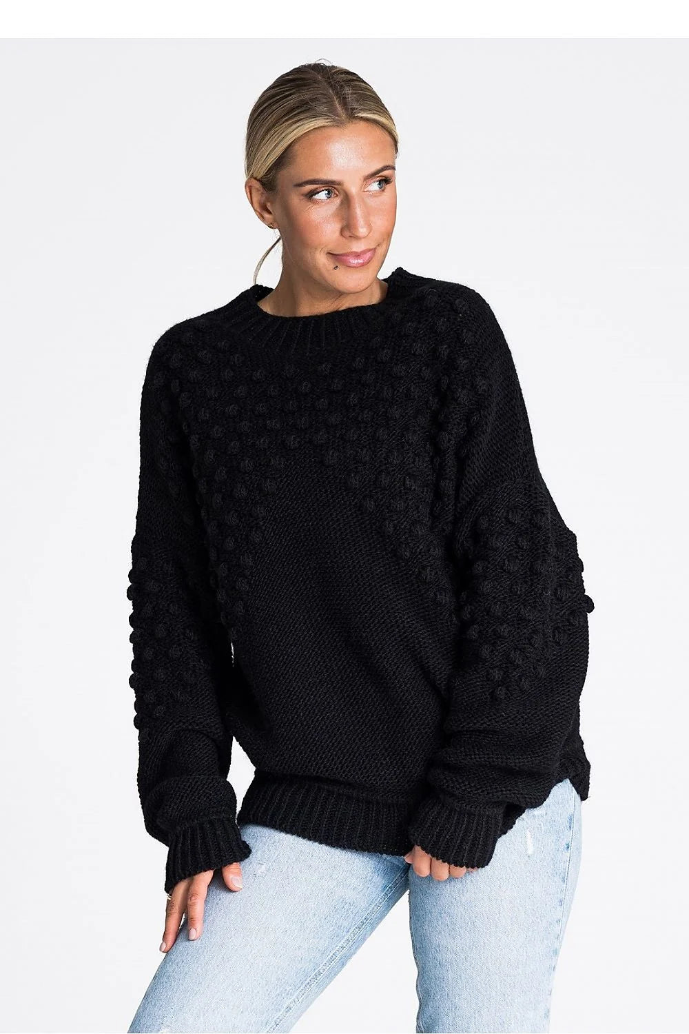 Pull Chandail Figl pour femmes, design moderne texture manches longues motifs en relief élastique noir acrylique nylon confort style