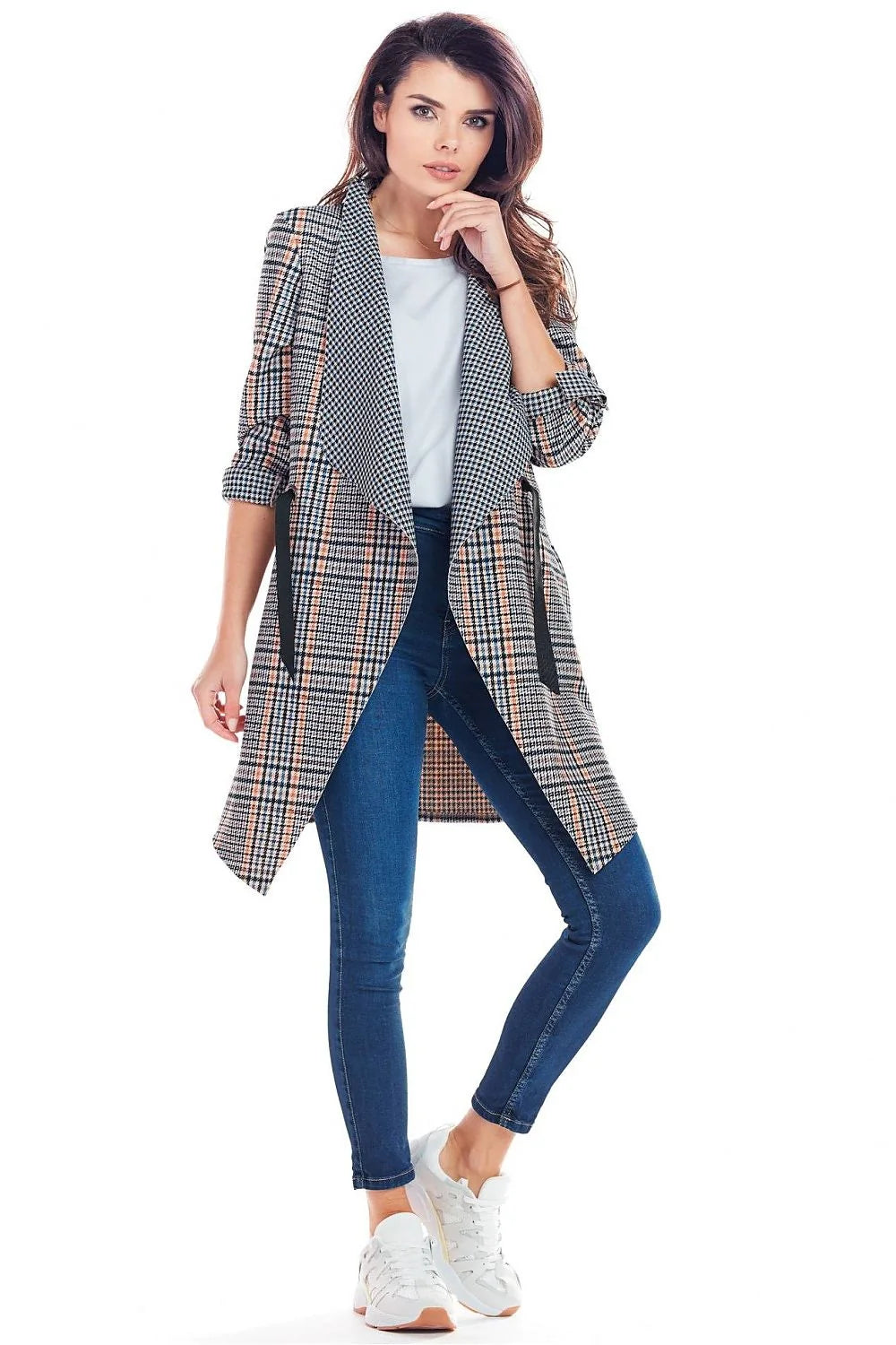 Blazer femme polyester chic moderne à carreaux noir blanc orange ceinture tendance élégant automne