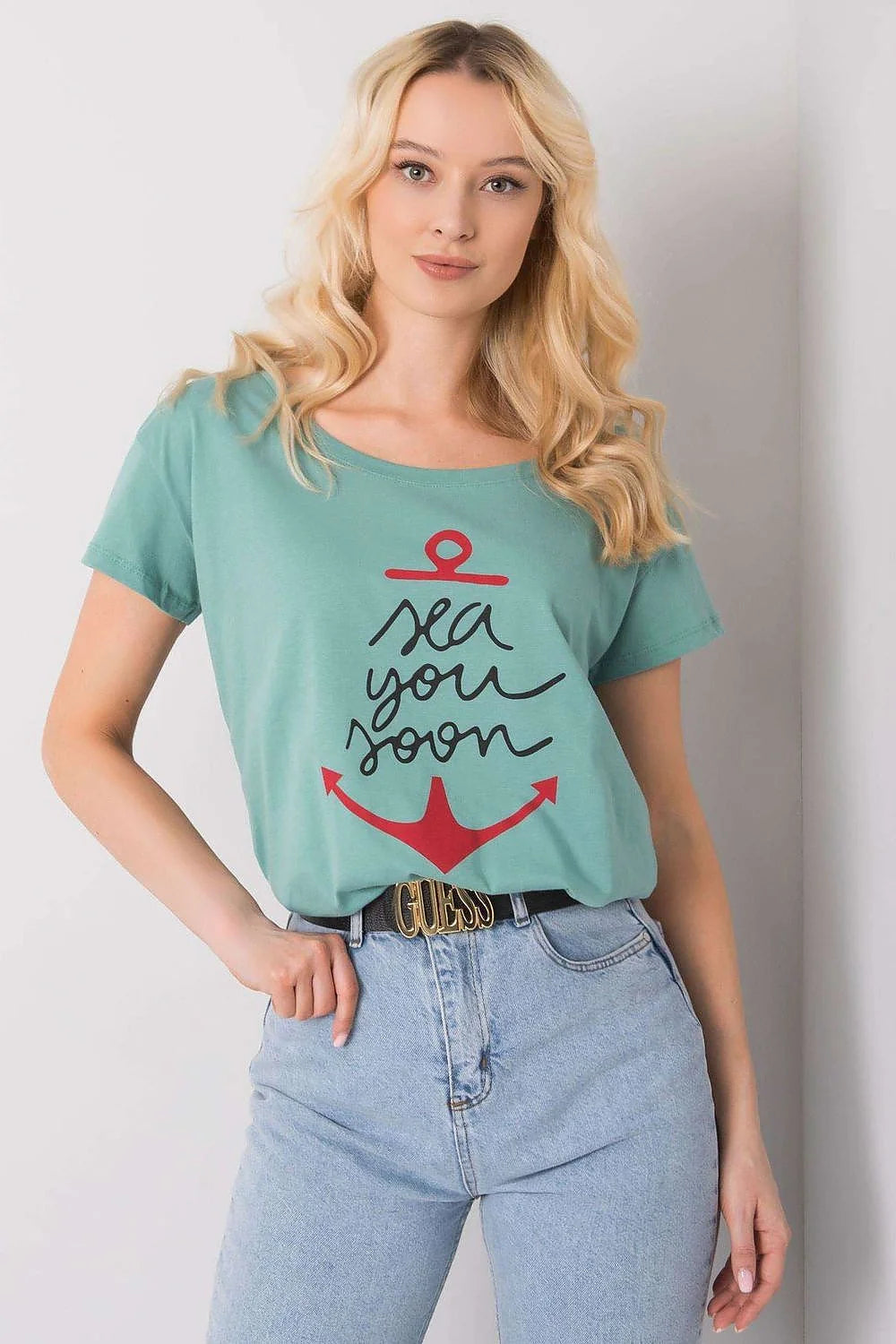 T-shirt pour femme design ancre 'sea you soon' vert menthe manches courtes col rond ajusté