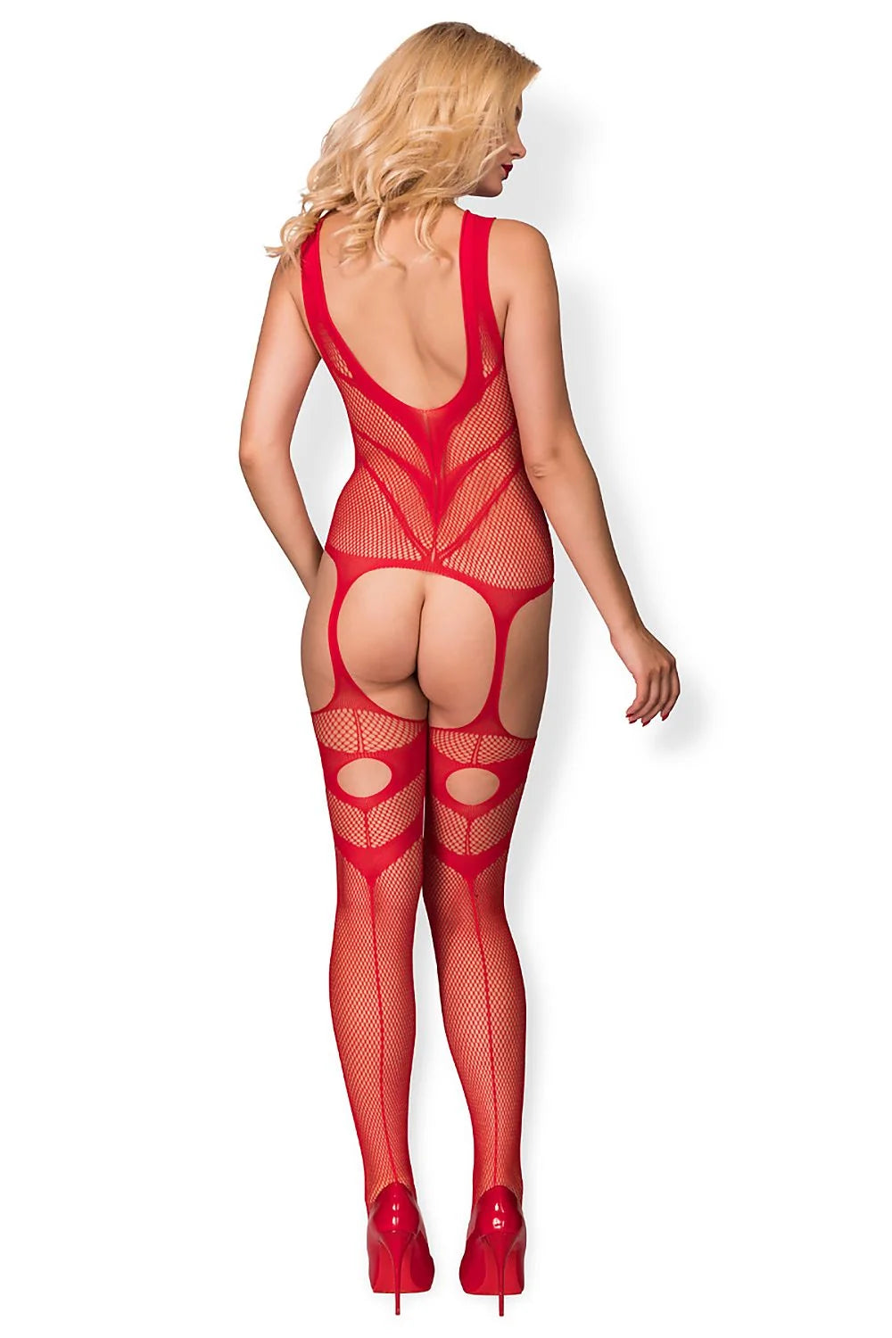Bodystocking résille rouge vif sexy ajusté ouvertures géométriques audacieux séduction femme allure glamour