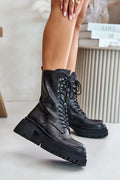 Bottines militaires pour femmes en cuir noir haute qualité, style audacieux, semelle crantée, lacets métalliques, confortable, robuste, mode urbaine, talon épais, design moderne, cuir brillant, idée cadeau, tendance hiver
