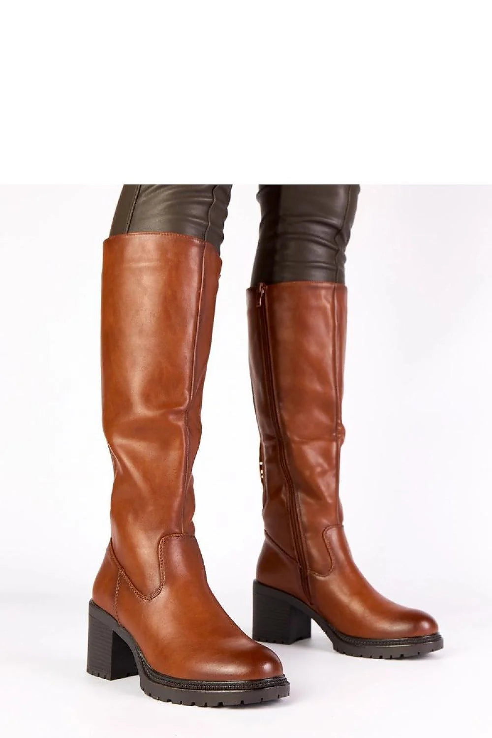 bottes femme genou cognac cuir écologique lisse bout rond talon bloc 7cm tige 35cm doublure chaude semelle crantée zip intérieur