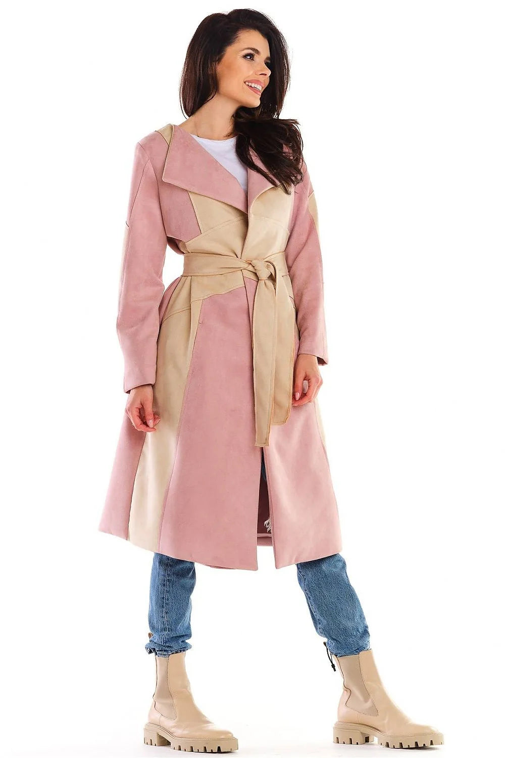 Manteau femme mi-long imitation daim élégant ceinture ajustable kaki beige style moderne automne