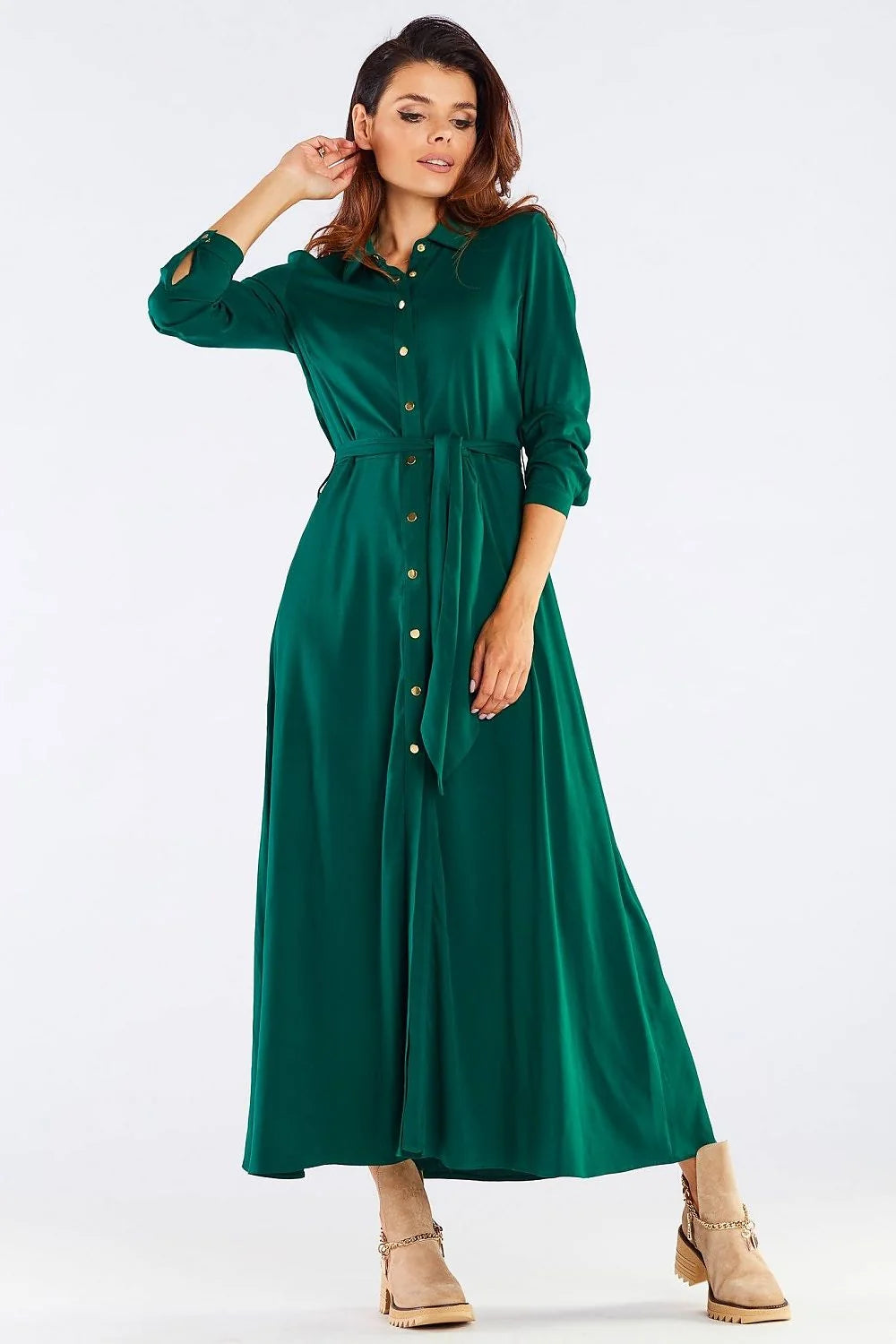 robe chemise longue maxi bleu indigo chambray fluide viscose stretch coupe évasée ceinture nouer boutons dorés col manches longues