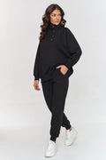 ensemble Makadamia noir femme sweatshirt col montant boutons pression jogger slim oversize raglan côtelé poches latérales molleton doux