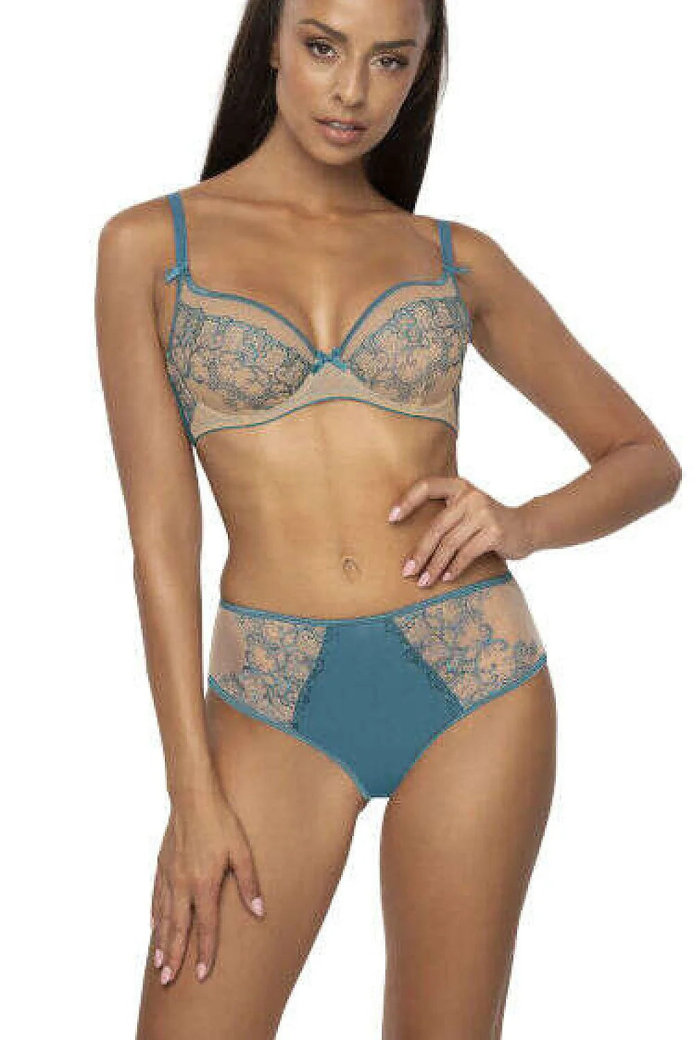 Soutien-gorge féminin élégant dentelle tulle nude turquoise coupe balconnet bretelles réglables fermeture crochets femme