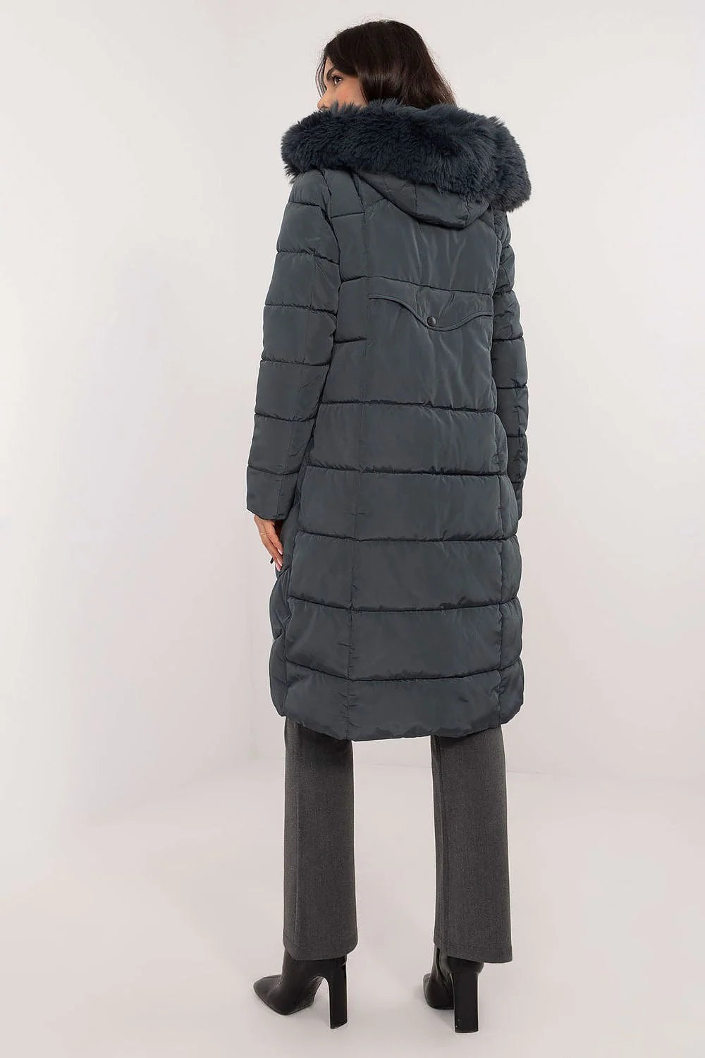 Manteau d'hiver pour femmes moderne long coupe ajustée capuche fausse fourrure gris foncé doublure thermique