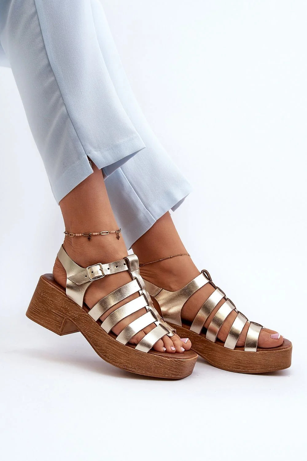 Sandales à talons gladiateur cuir naturel doré métallisé plateforme bois 6 cm femme confortables ajustables été