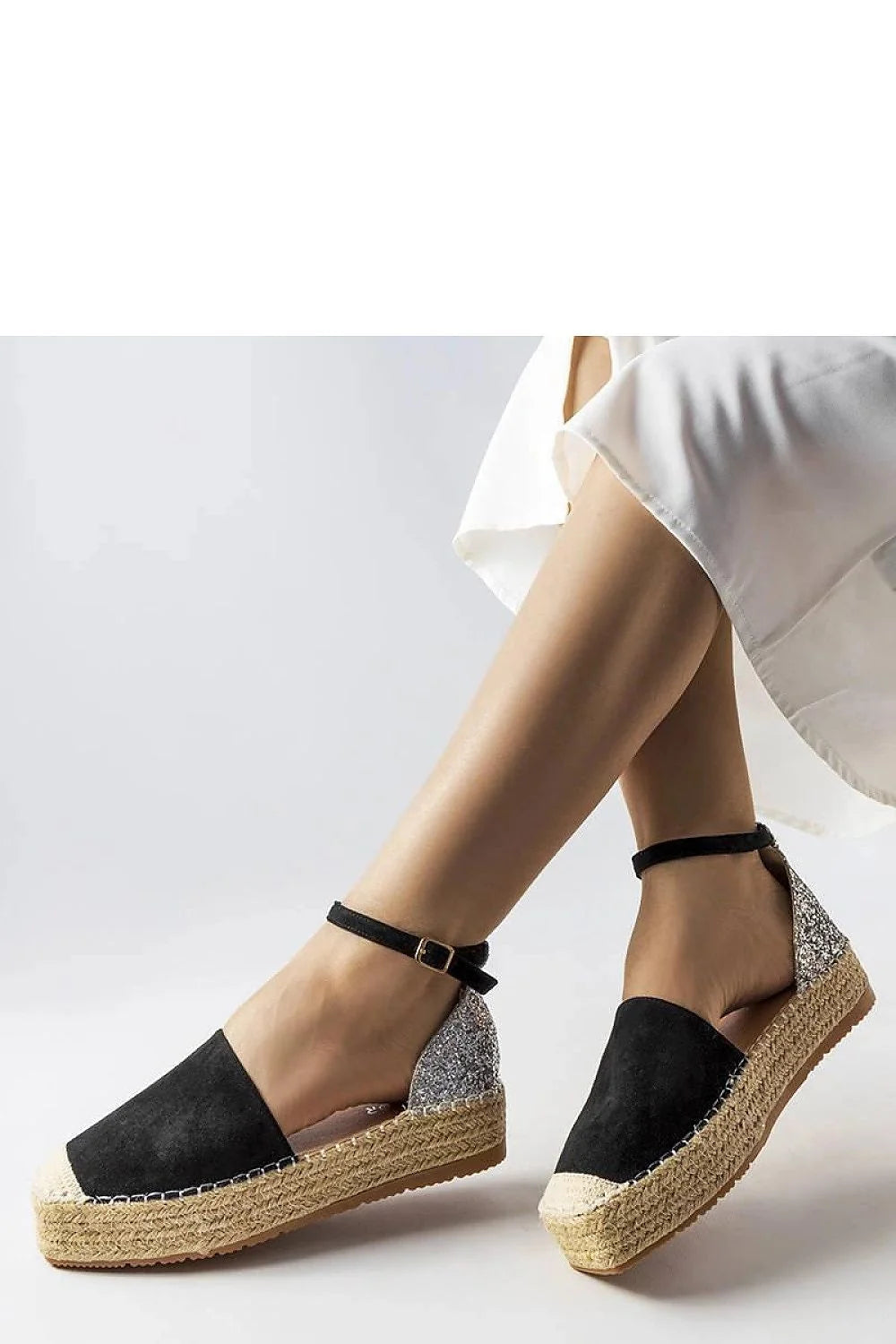 espadrille femme chic paillettes argentées toile noire semelle corde plateforme embout tressé naturel bride cheville réglable boucle dorée
