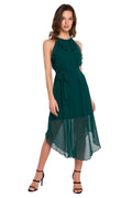 Robe soirée satin élégante sans manches col halter volant ceinture ajustable femme vert émeraude