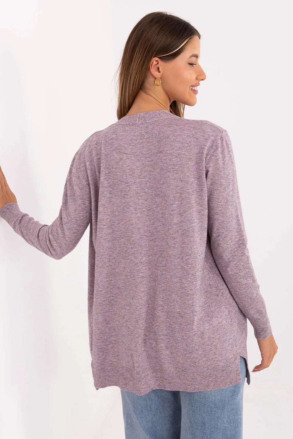 cardigan gilet femme ouvert maille fine parme chiné coupe droite mi longue manches longues poches plaquées frontales tissu souple léger