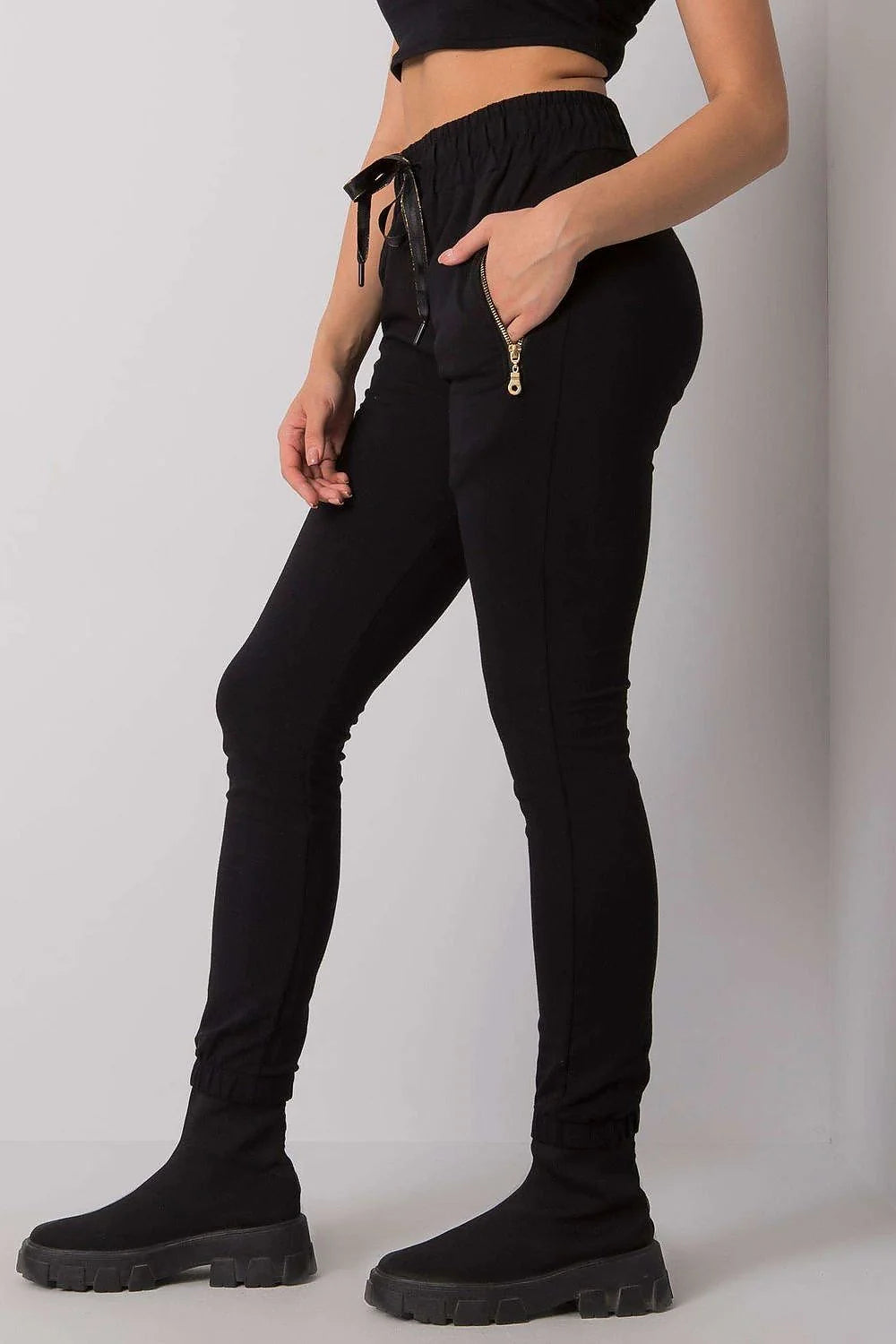 Pantalon de jogging coton noir décontracté élégant taille haute poches zippées pour femmes actives