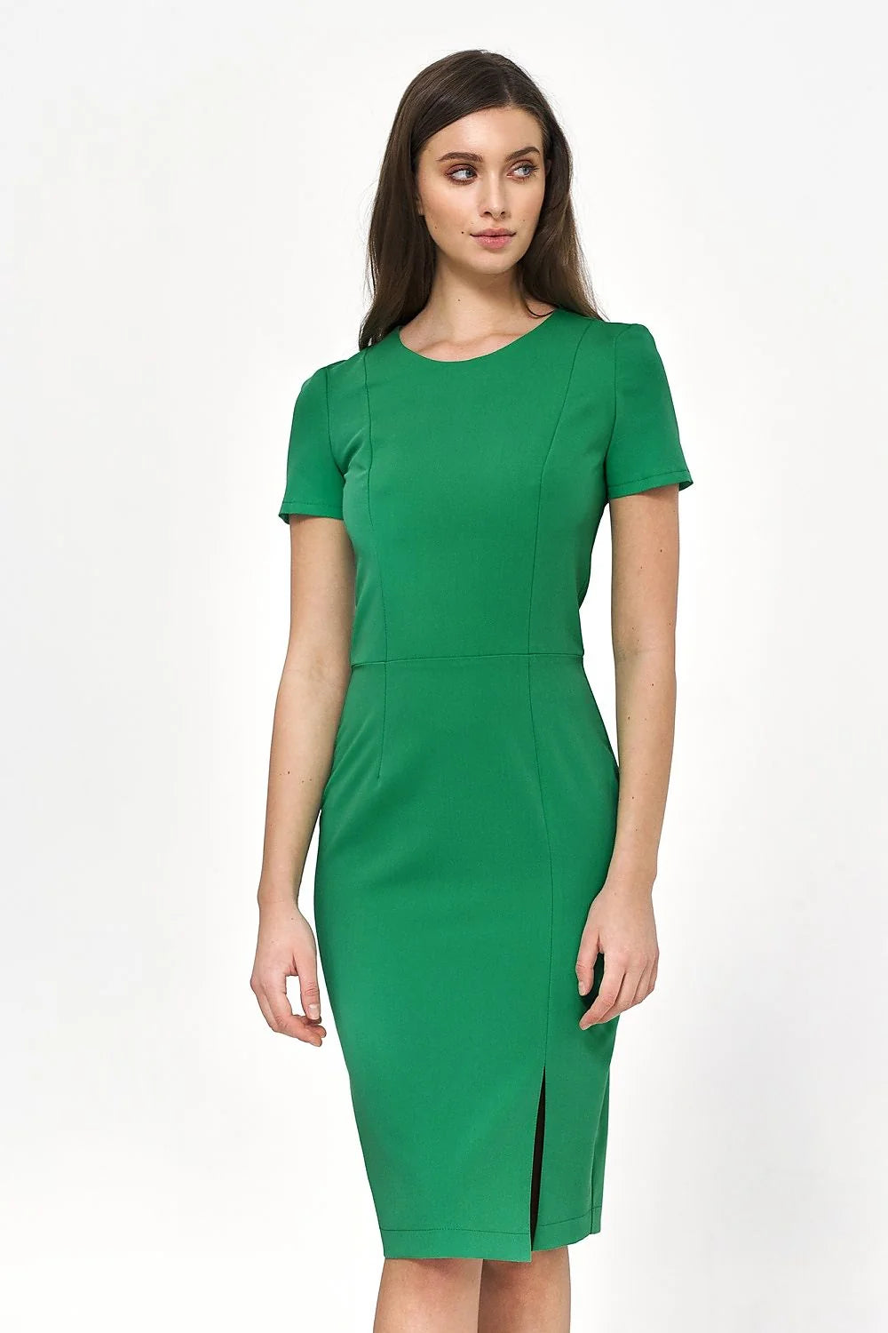 Robe de jour élégante vert vif manches courtes taille ajustée sans doublure polyester viscose femme