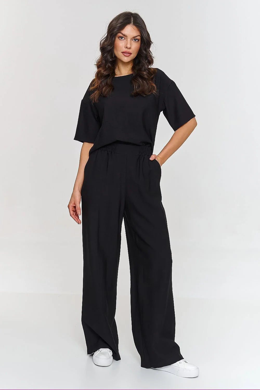 ensemble Makadamia noir minimaliste décontracté élégant moderne confortable fluide léger oversize manches courtes pantalon palazzo taille haute