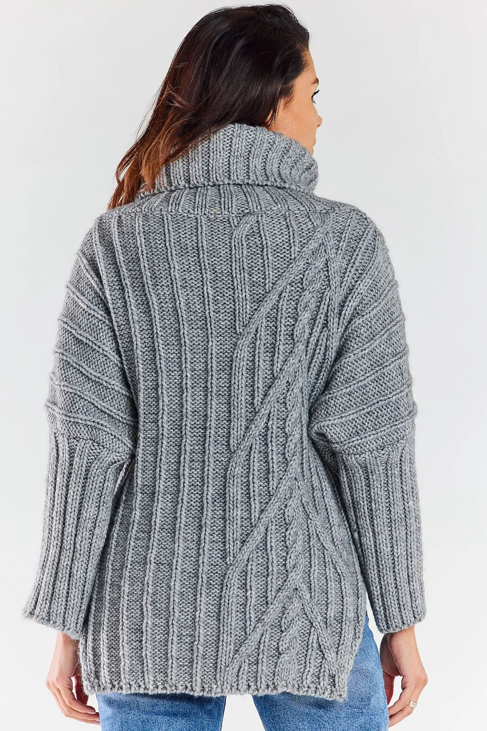 Pull tricoté pour femme col roulé motif côtes asymétriques maille épaisse gris chaleur confort mode automne hiver