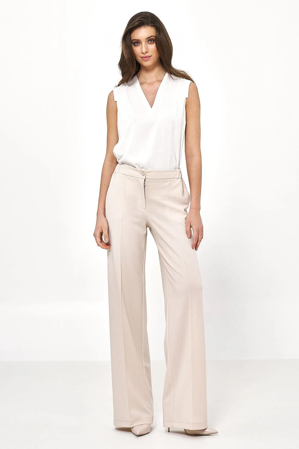 Haut sans manches et pantalon femme en viscose 100% coupe droite style minimaliste beige clair et blanc pur