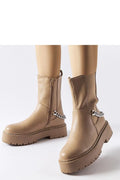 Bottines beiges modernes style urbain chaîne argentée talon plat semelle épaisse similicuir beige clair femmes