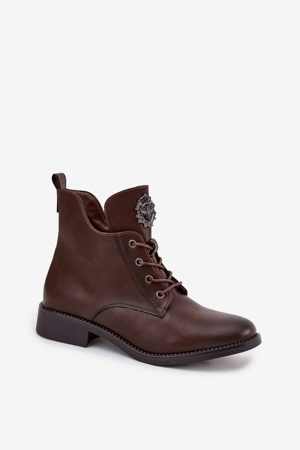 bottines femme marron simili cuir lacets zip doublure fourrure talon bas bout rond semelle antidérapante œillets argentés médaillon métal confort