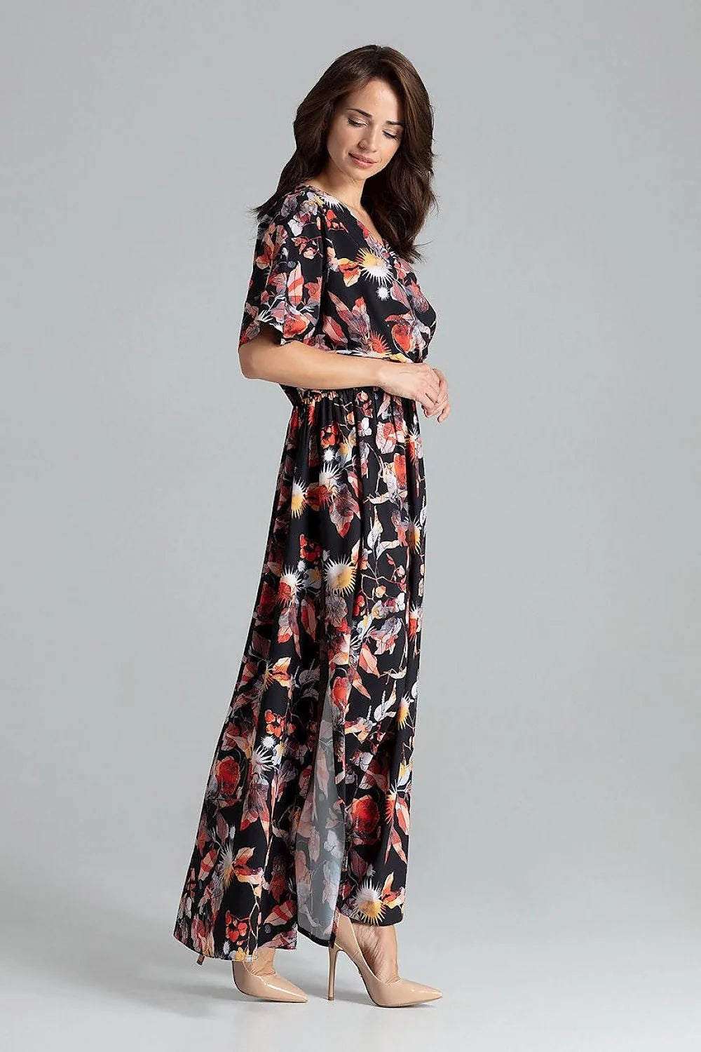robe longue fluide beige nude chiffon cachecoeur boheme chic manches kimono courtes taille froncee elastiquee jupe evasee fente laterale plongeant