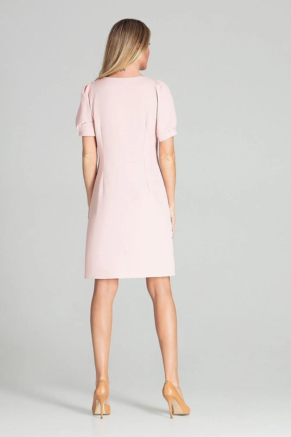 Robe élégante polyester bleu coupe droite genou manches courtes puffed femme style moderne sophistiqué