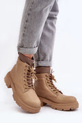 Bottes trappeur femmes cuir écologique talon massif plateforme style militaire automne hiver beige camel